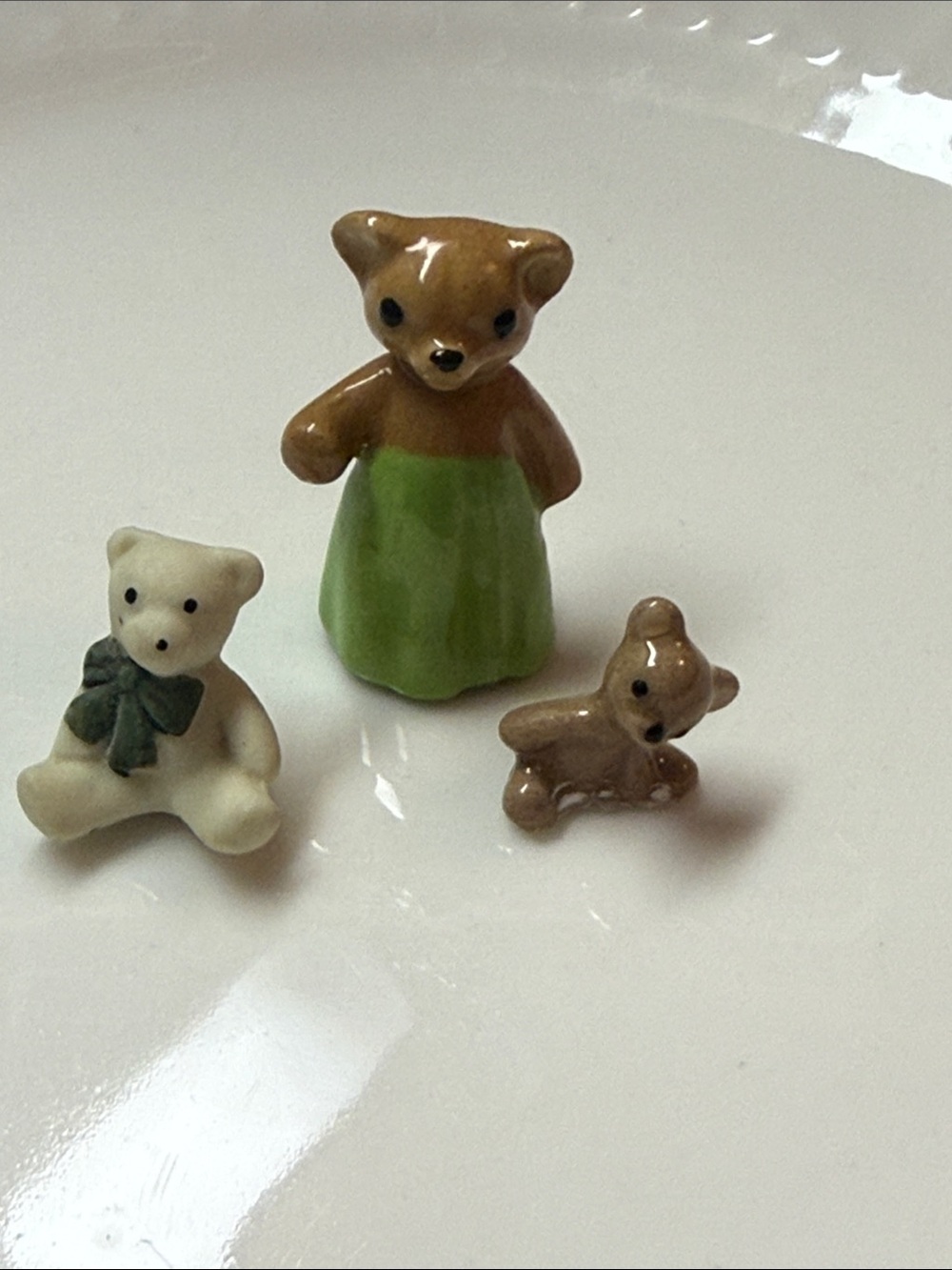 Vintage miniature Ceramic teddyBear Figurine Set with Green Dress - Hagen Renakr